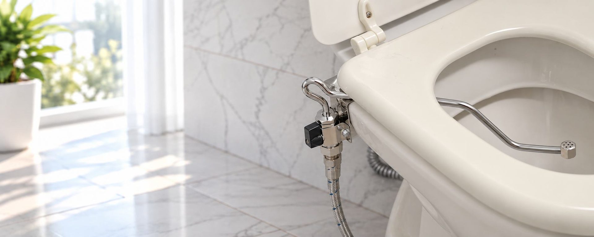 Bidet ¡Listo! instalado en un inodoro, en un baño luminoso