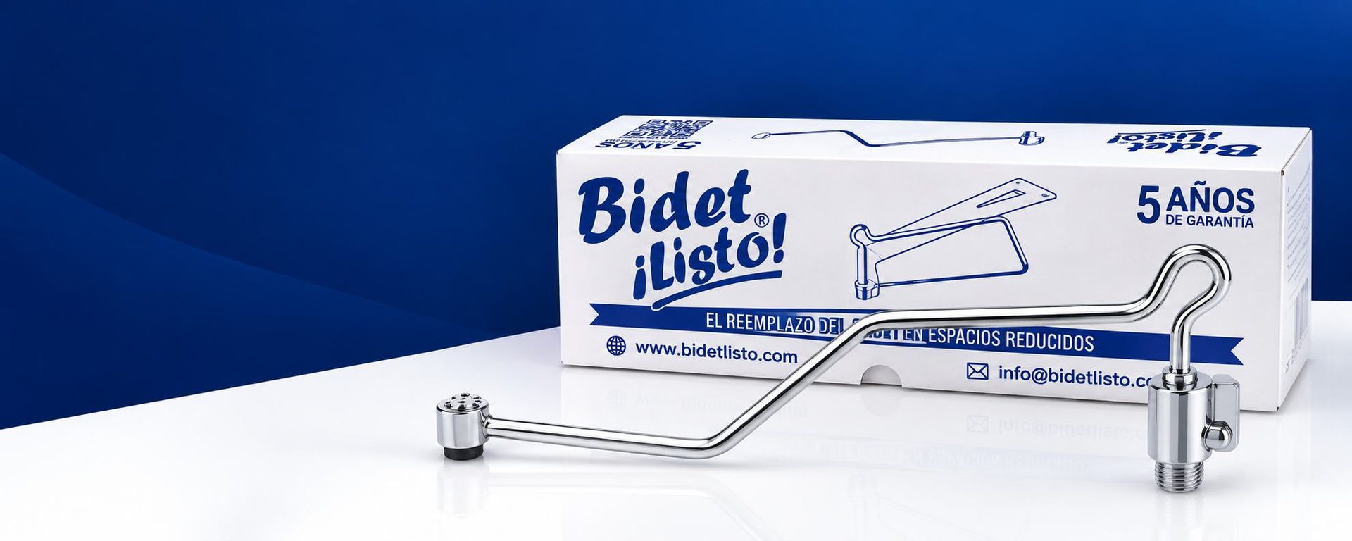 Bidet ¡Listo! junto a su caja, con 5 años de garantía